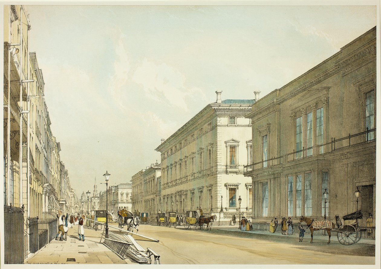 Klubhusene og Pall Mall, tallerken tretten fra Original Views of London as It Is af Thomas Shotter Boys