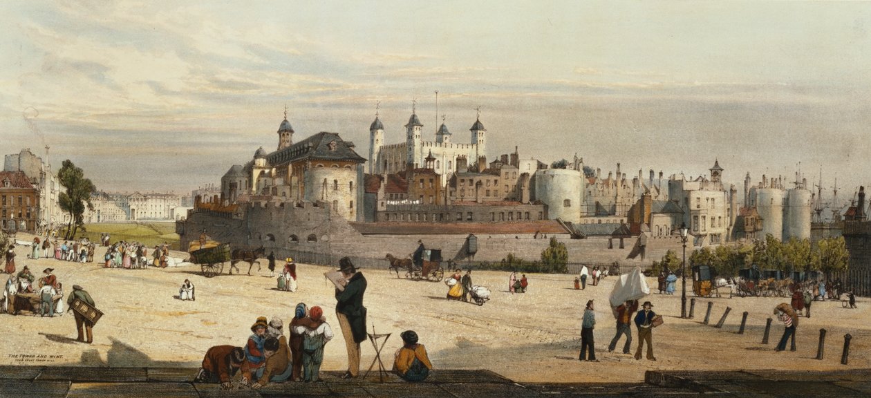 Tower og Mint, fra Great Tower Hill, fra "London As It Is", graveret og udgivet af kunstneren, 1842 af Thomas Shotter Boys