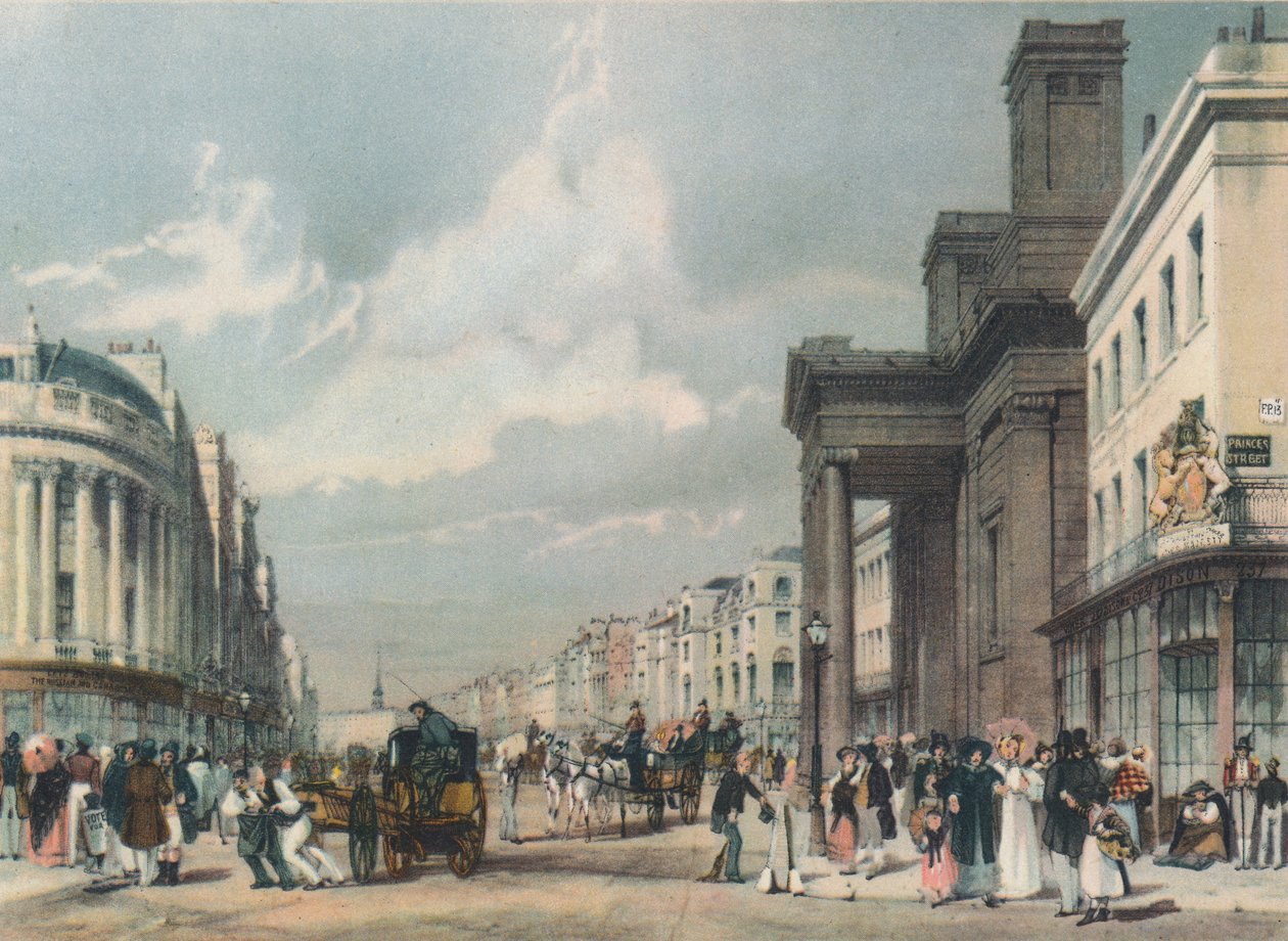 Udsigt over Regent Street mod kvadranten med Hannover-kapellet i forgrunden, 1842 af Thomas Shotter Boys