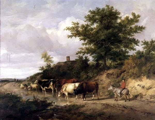 Skovklædt landskab med en dreng på et æsel og kvæg ved et vadested af Thomas Sidney Cooper