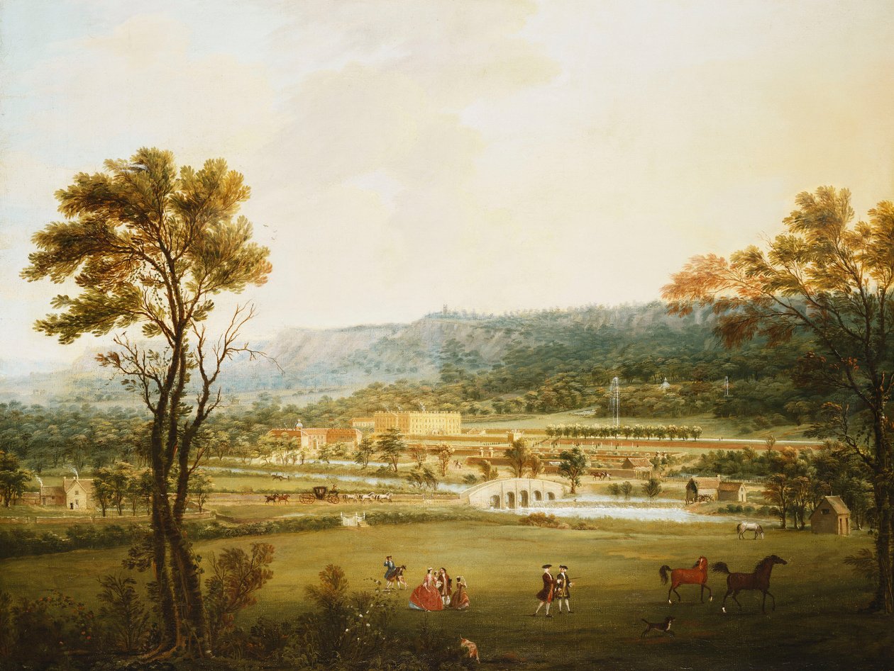 En omfattende udsigt over Chatsworth, Derbyshire fra sydvest, af Thomas Smith of Derby