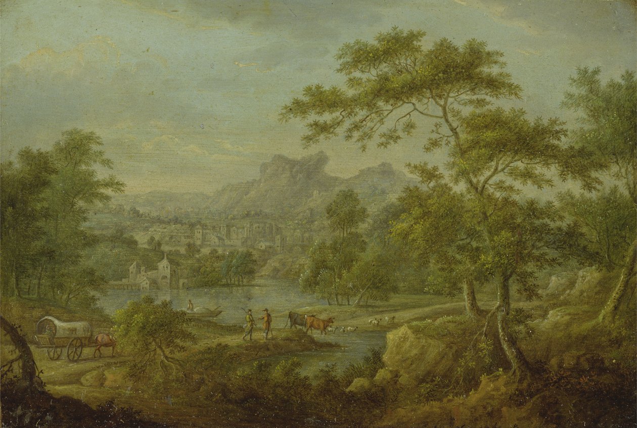 Et imaginært landskab med en vogn og en fjern udsigt over en by (olie på kobber) af Thomas Smith of Derby