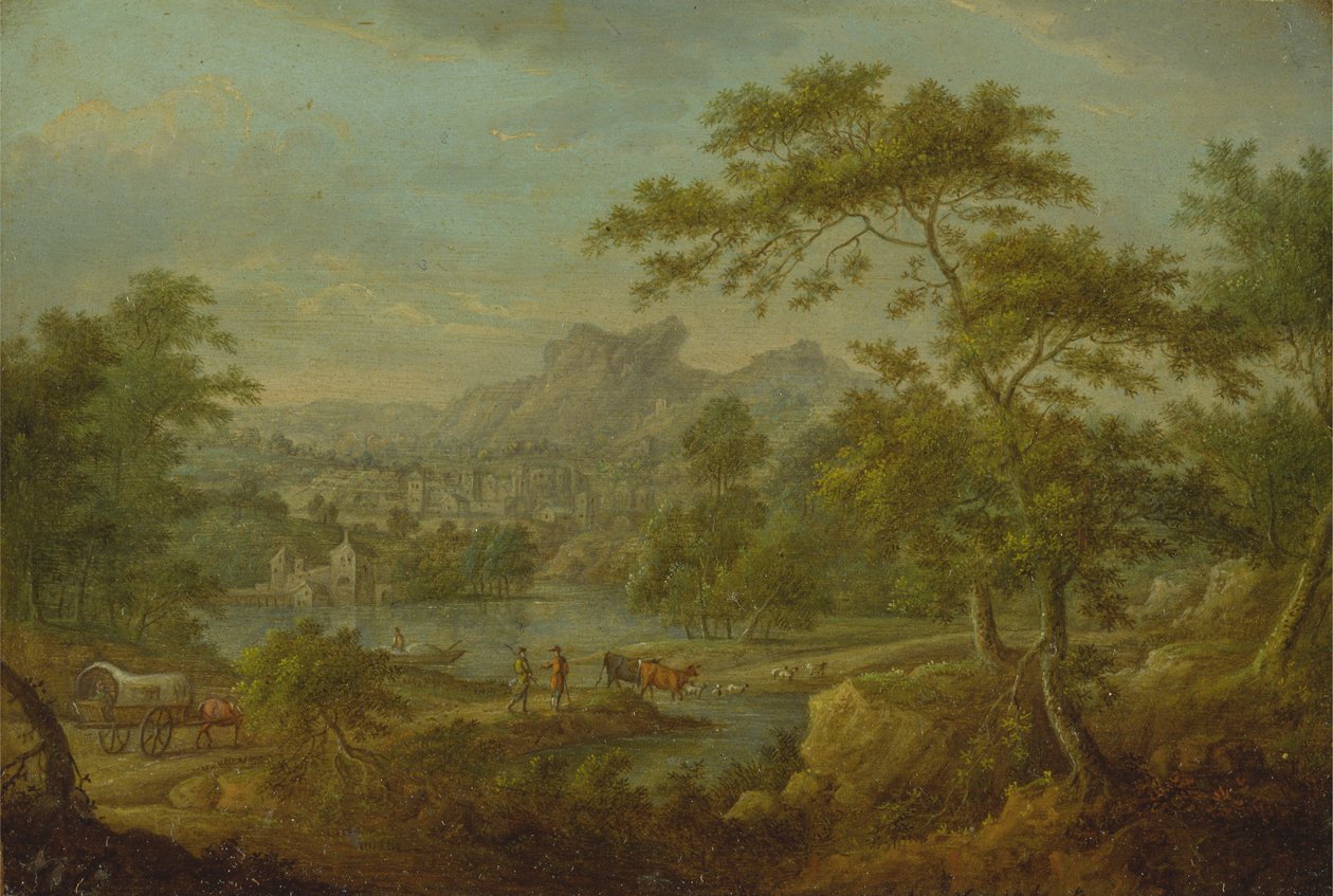 Et imaginært landskab med en vogn og en fjern udsigt over en by af Thomas Smith of Derby