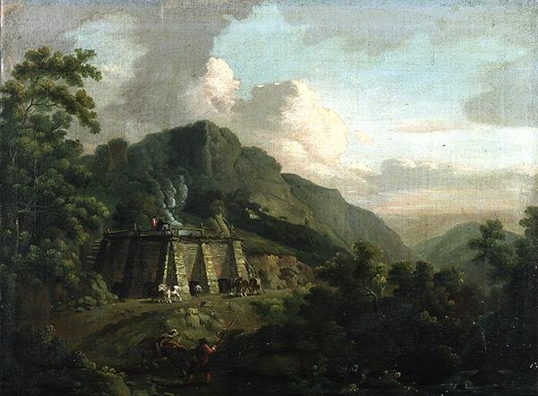 Skovklædt landskab, med arbejdere og heste, der arbejder i en kalkovn (olie på lærred) af Thomas Smith of Derby