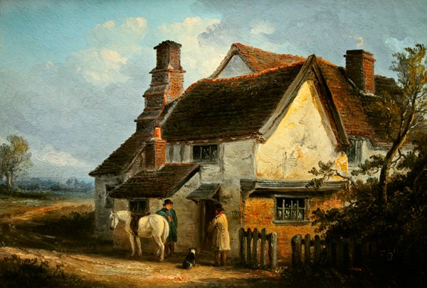 To krigssøere taler udenfor et sommerhus (olie på lærred) af Thomas Smythe