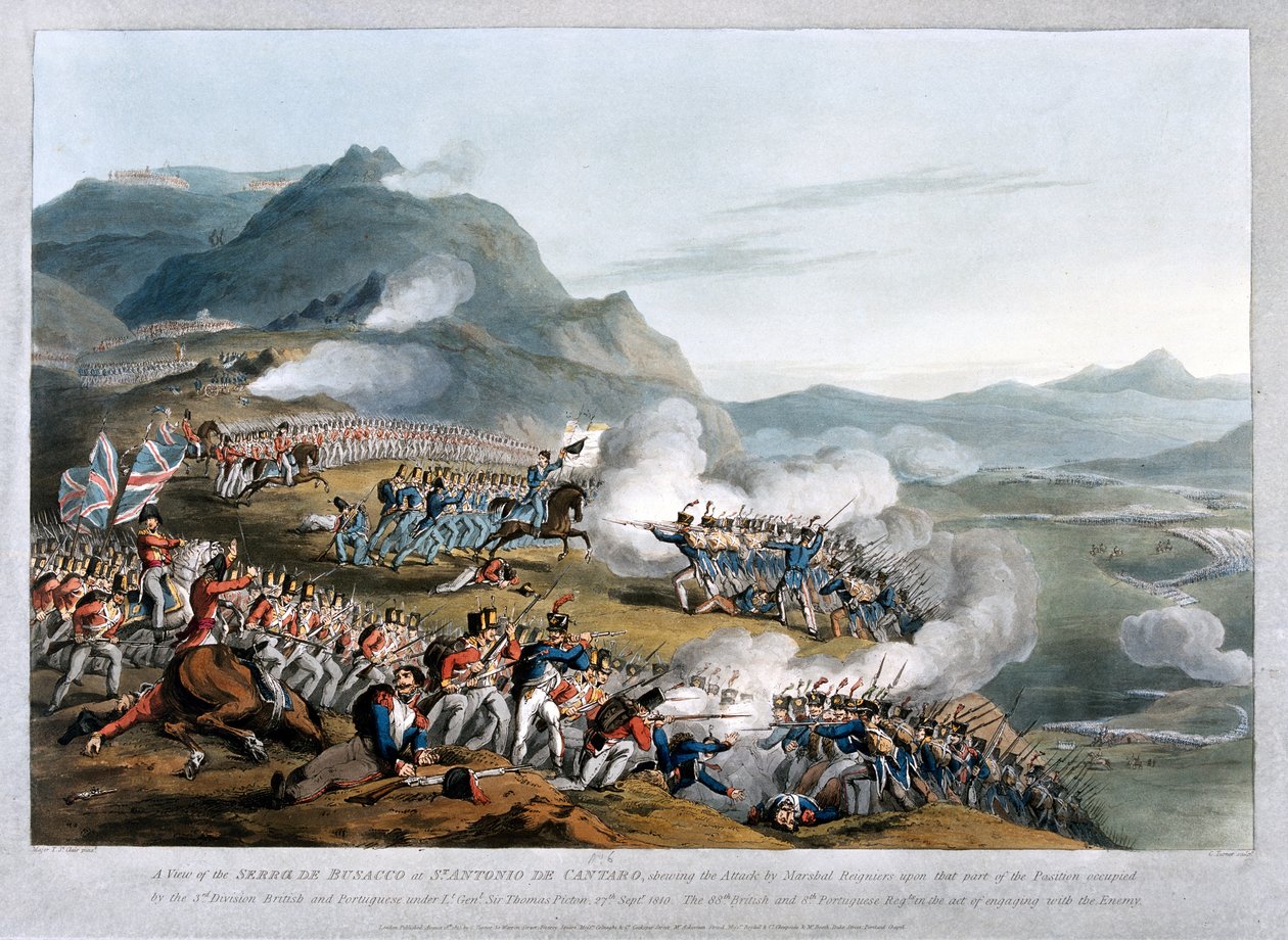 En udsigt over Sierra de Busaco ved St. Antonio de Cantaro, der viser angrebet af marskal Reigniers, indgraveret af Charles Turner, udgivet 1812 (akvatint) af Thomas Staunton St. Clair