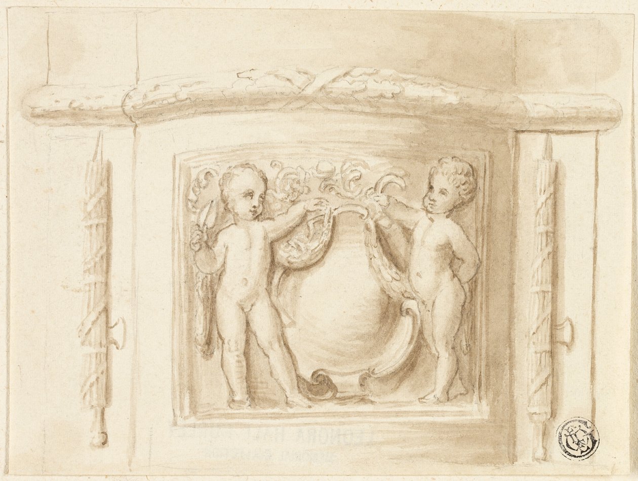Base af pilaster med relief, med 2 putti, skjold af Thomas Stothard