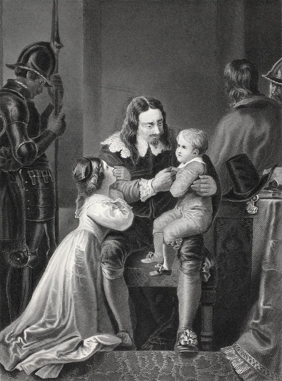 Kong Charles I af England tager afsked med sine børn før sin henrettelse, graveret af A.H. Payne af Thomas Stothard