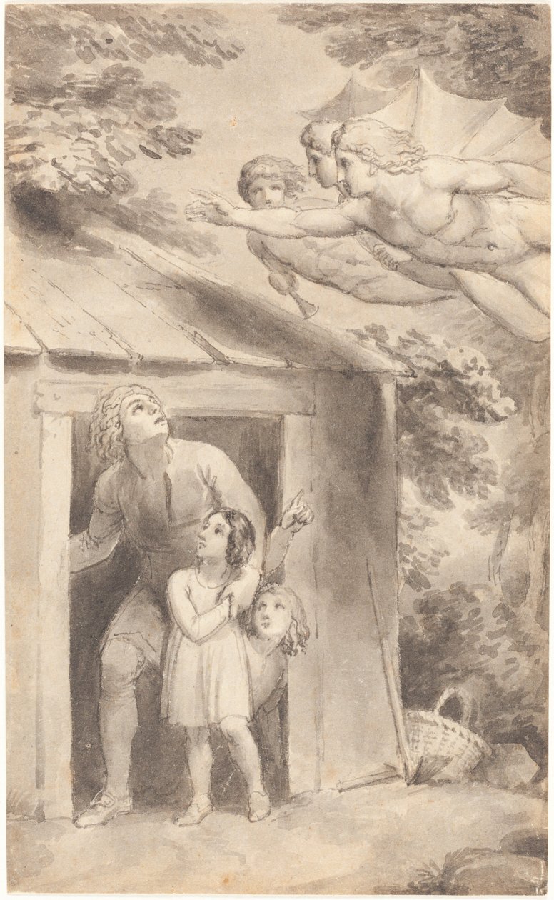 Peter og hans børn besøgt af tre flyvende figurer af Thomas Stothard