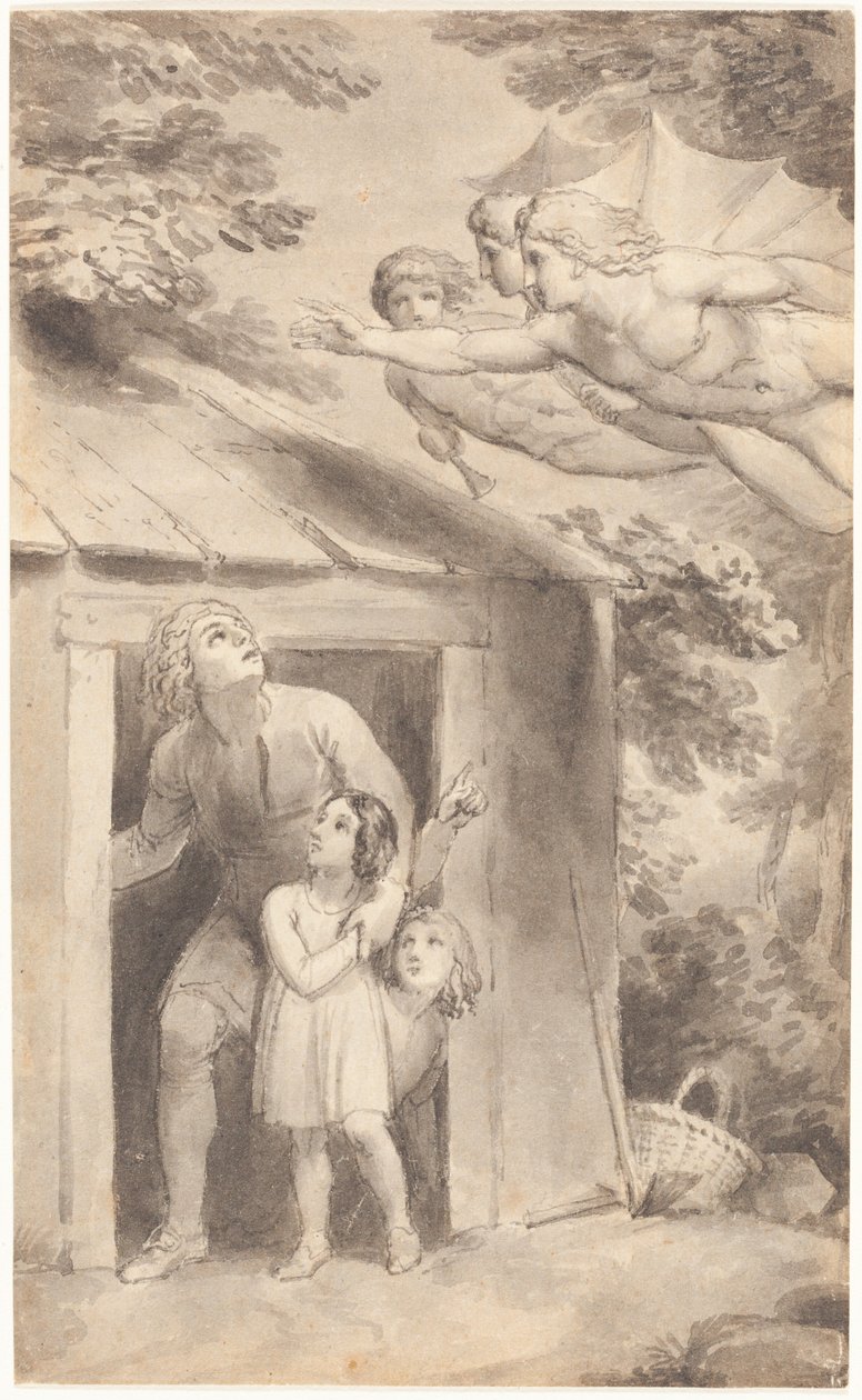 Peter og hans børn besøgt af tre flyvende skikkelser af Thomas Stothard