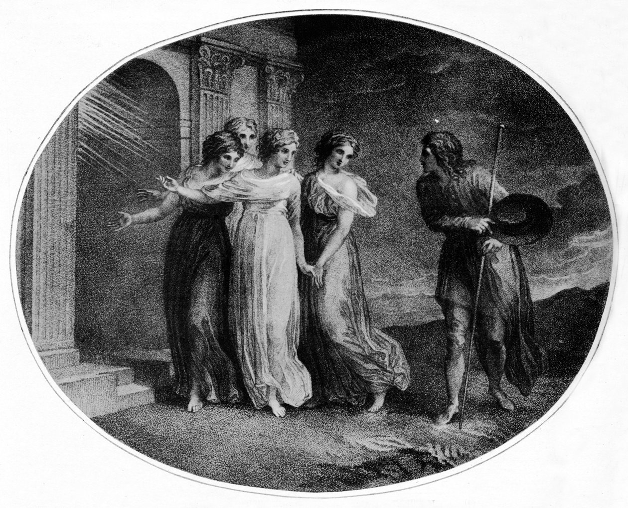 Forsigtighed, fromhed, næstekærlighed og diskretion inviterer Christian ind i det smukke palads, 1789, 1912 af Thomas Stothard
