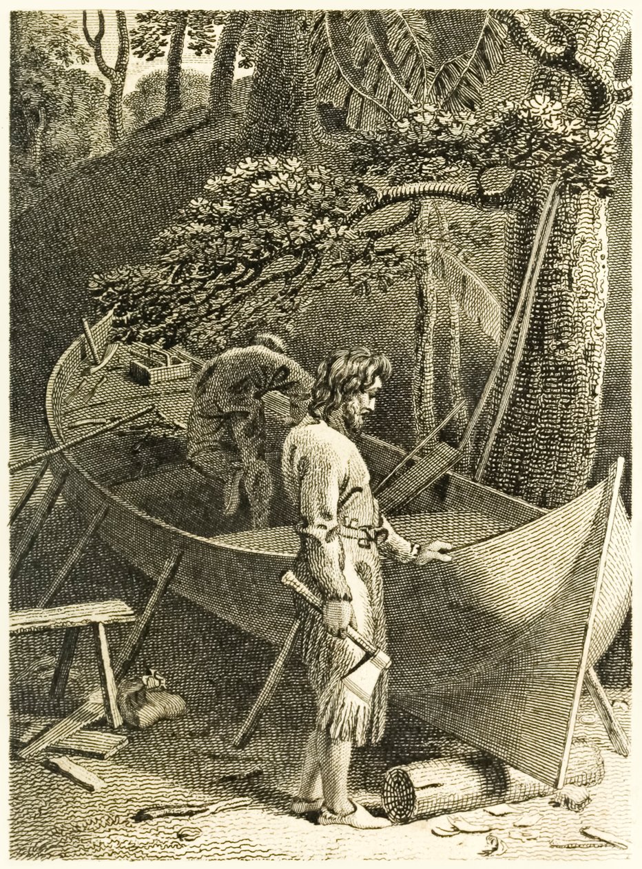 ?Robinson Crusoe and Friday making a Boat? fra ?The Life and Strange Surprising Adventures of Robinson Crusoe, or York, Mariner? af Daniel Defoe af Thomas Stothard