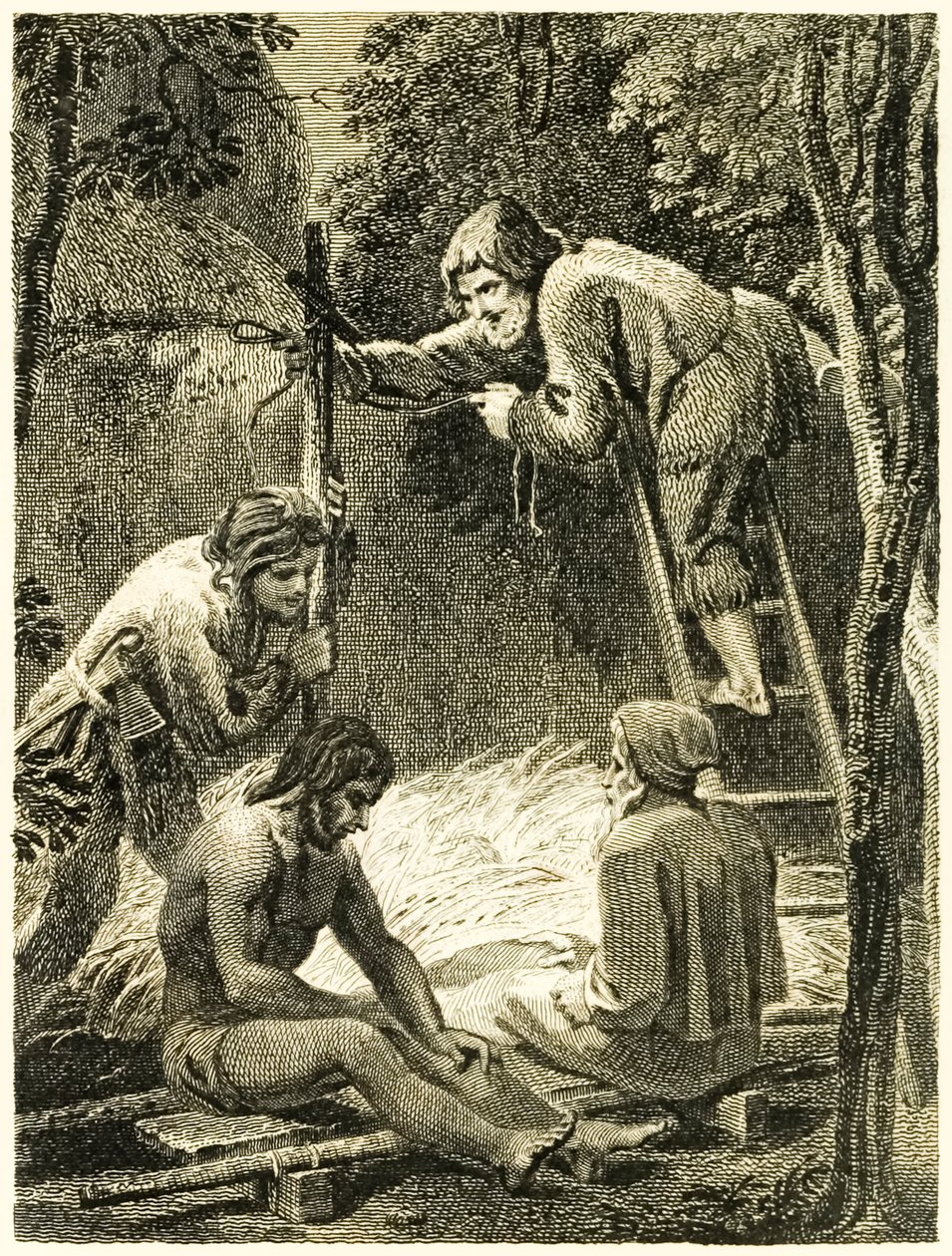 ?Robinson Crusoe og Fredag laver et telt for at hytte Fredags far og spanieren? fra ?The Life and Strange Surprising Adventures of Robinson Crusoe, or York, Mariner? af Daniel Defoe af Thomas Stothard