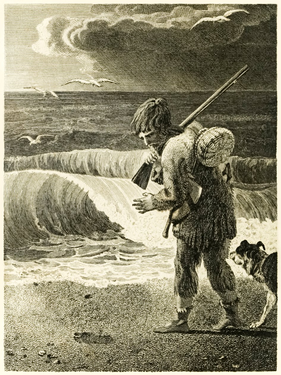 "Robinson Crusoe opdager aftrykket af en mands fod" fra "Robinson Crusoes liv og mærkelige og overraskende eventyr, eller York, Mariner" af Daniel Defoe af Thomas Stothard