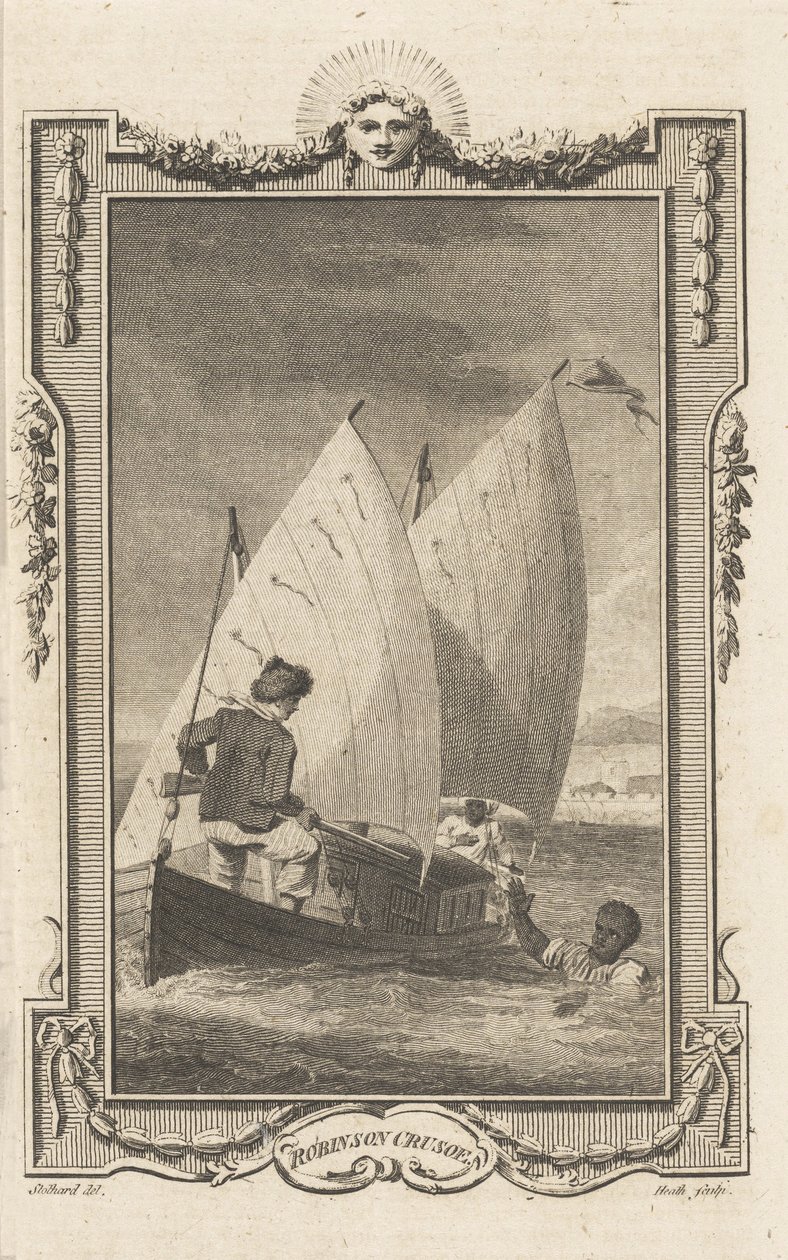 Robinson Crusoe, fra Novelists Magazine, pub. 1781 af Thomas Stothard