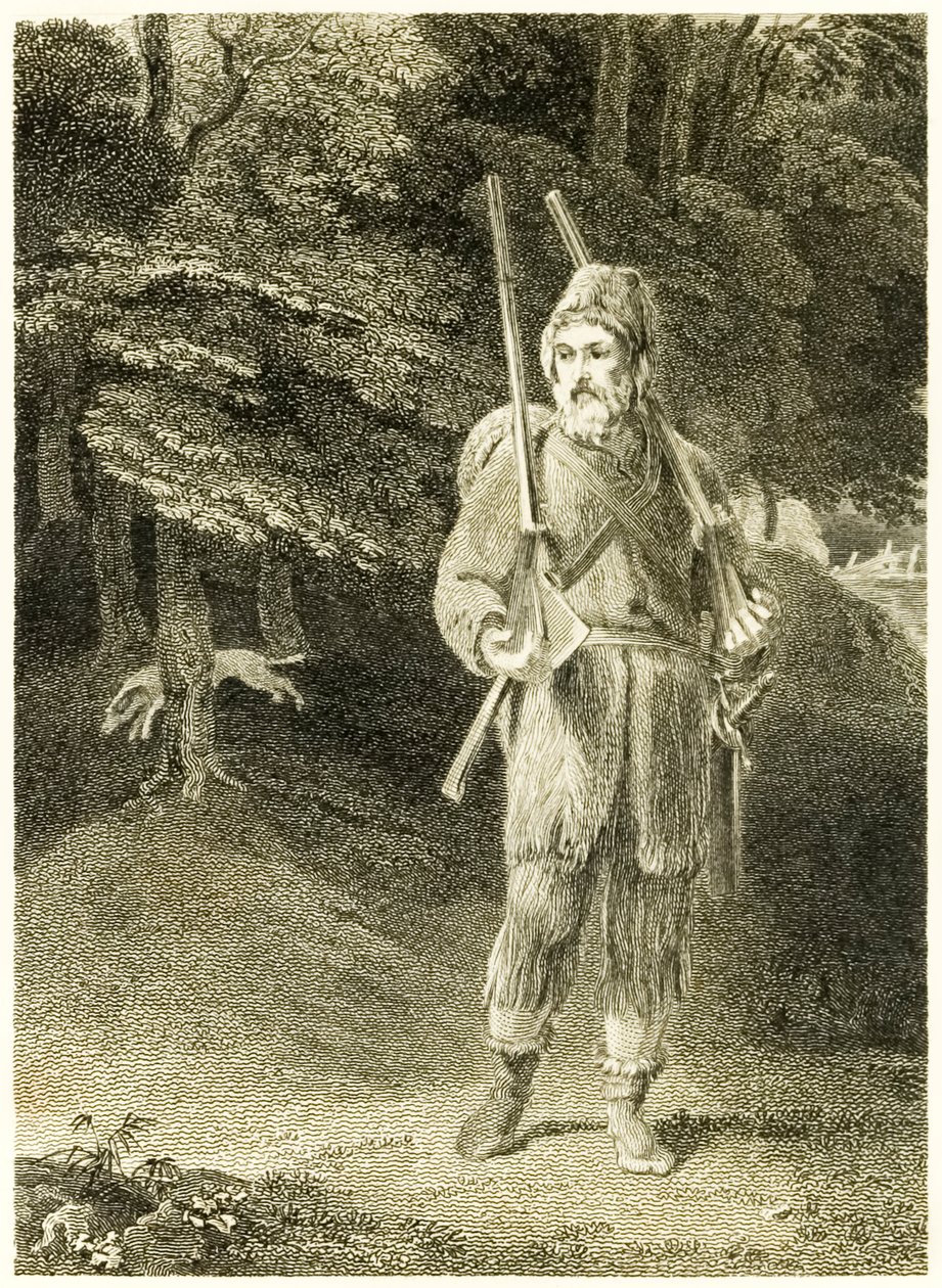 "Robinson Crusoe på jagt" fra "Robinson Crusoes liv og mærkelige og overraskende eventyr, eller York, Mariner" af Daniel Defoe af Thomas Stothard