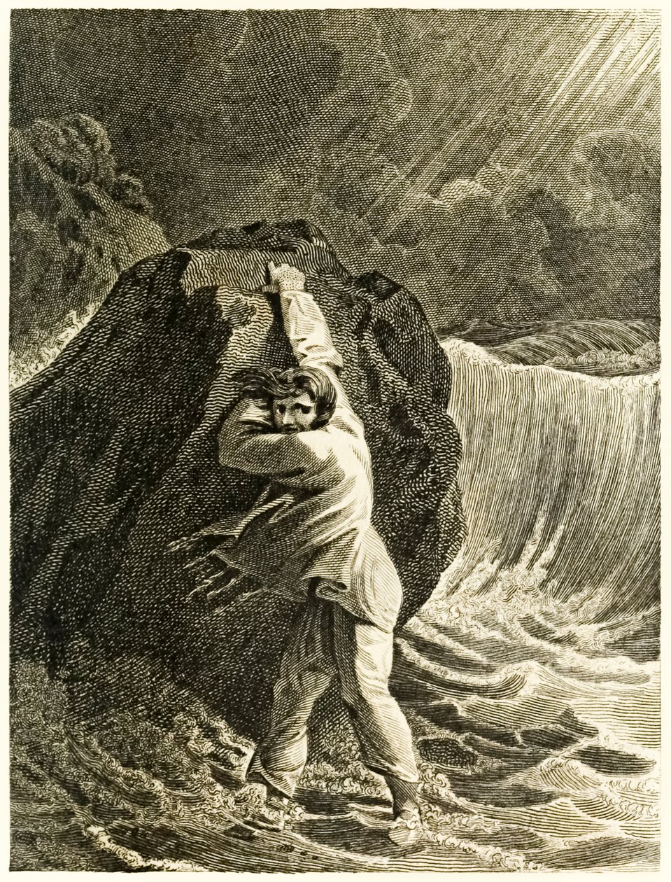 Robinson Crusoe, skibbrudne og klamrer sig til en klippe" fra "Robinson Crusoe, eller York, Marinerens liv og mærkelige og overraskende eventyr" af Daniel Defoe af Thomas Stothard