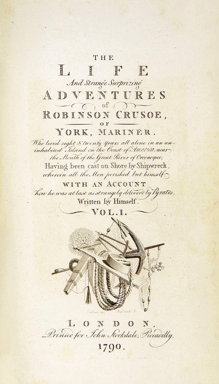 Robinson Crusoe titelside fra The Life and Strange Surprising Adventures of Robinson Crusoe, eller York, Mariner af Daniel Defoe af Thomas Stothard