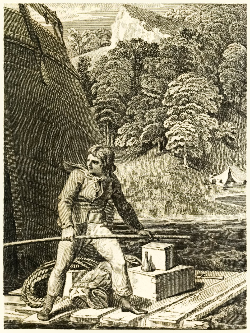 "Robinson Crusoe på sin flåde" fra "Robinson Crusoe, eller York, Marinerens liv og mærkelige og overraskende eventyr" af Daniel Defoe af Thomas Stothard
