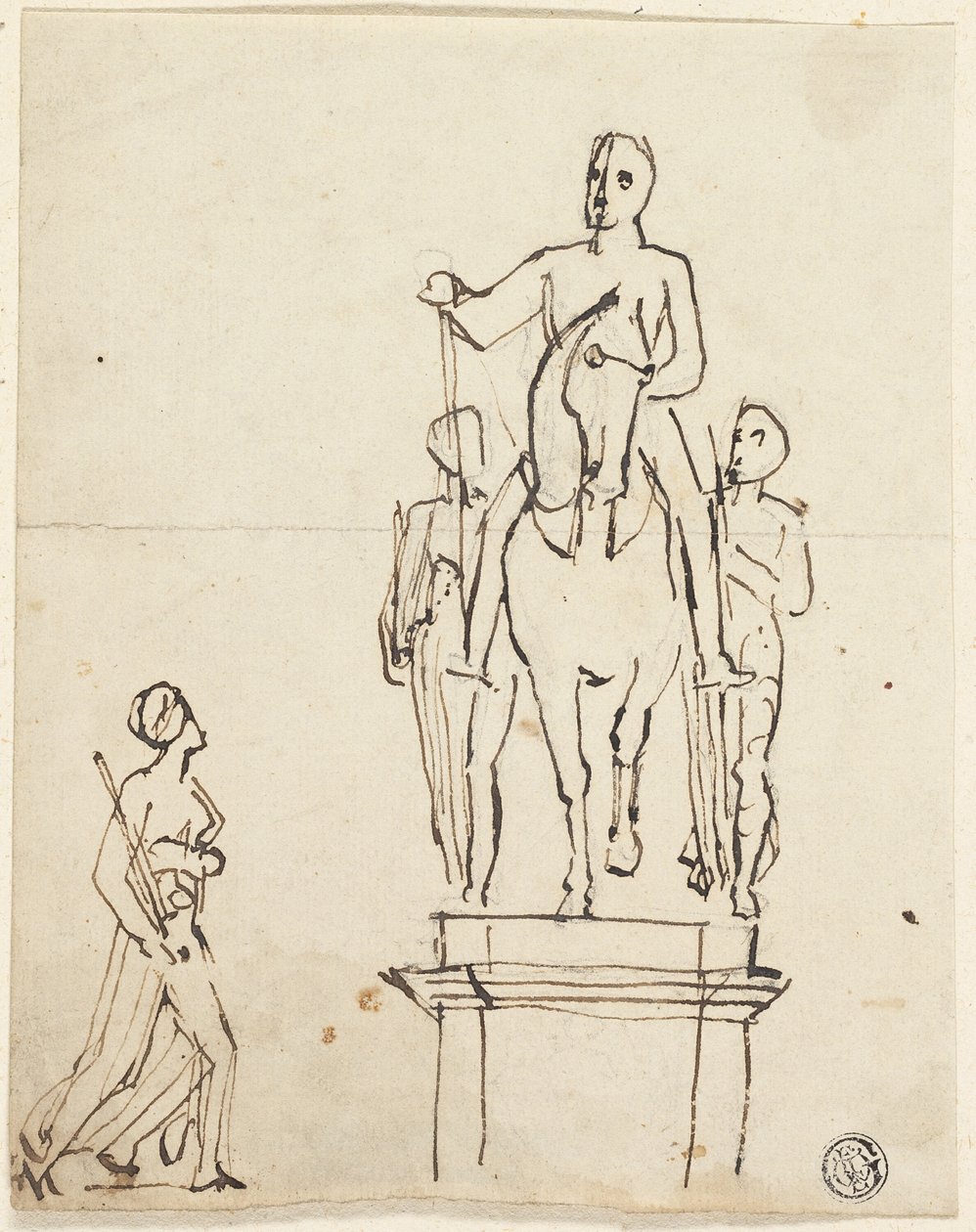Skulptur af rytter ledsaget af to stående figurer, med skitse af en af de sidste af Thomas Stothard