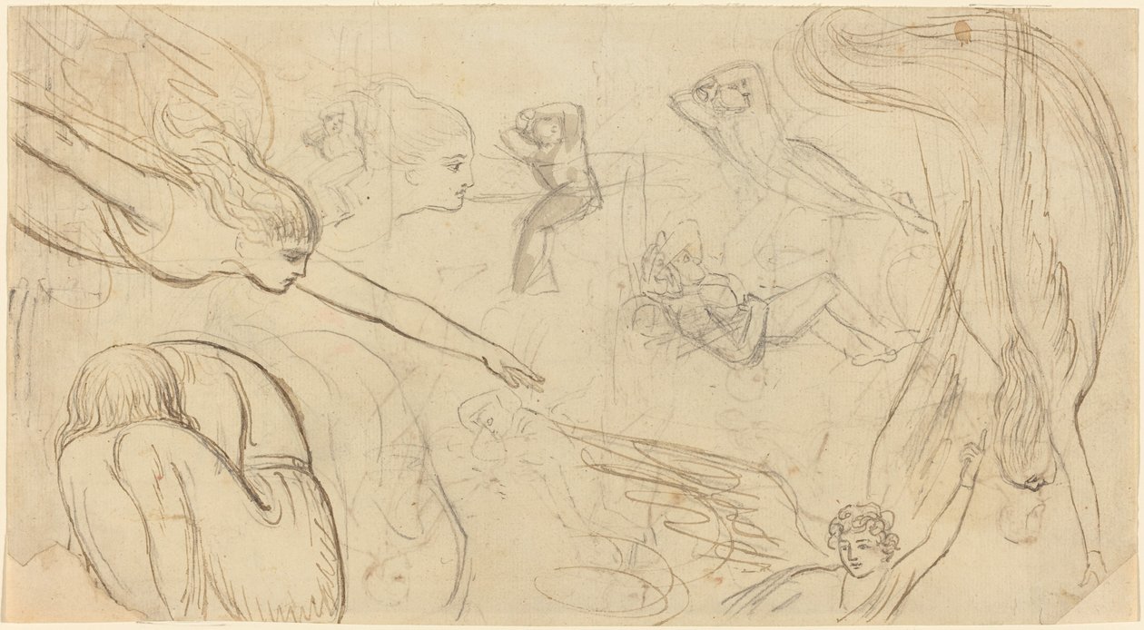 Ark med studier med engle og sammenfaldende figurer (illustration til Macklins bibel?) af Thomas Stothard