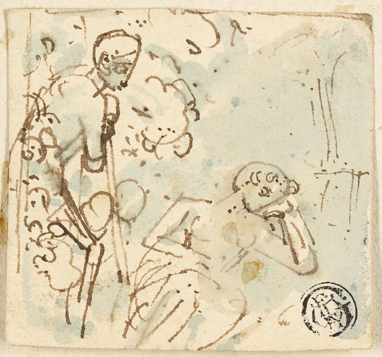 Skitse af mand, der læner sig op ad personalet, ser på sovende kvinde af Thomas Stothard