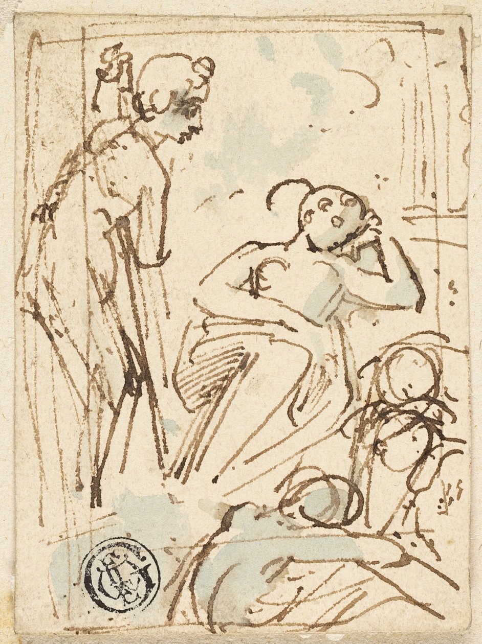 Skitse af mand, der læner sig op ad personalet, ser på sovende kvinde af Thomas Stothard