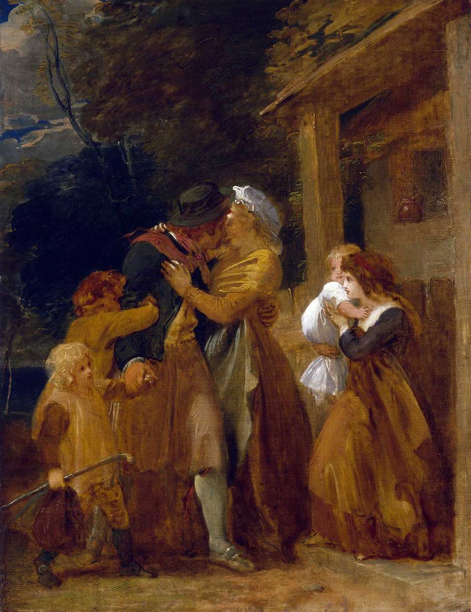 Sømanden vender tilbage og genforenes med sin familie på tærsklen til sit sommerhus. Olie på lærred af Thomas Stothard