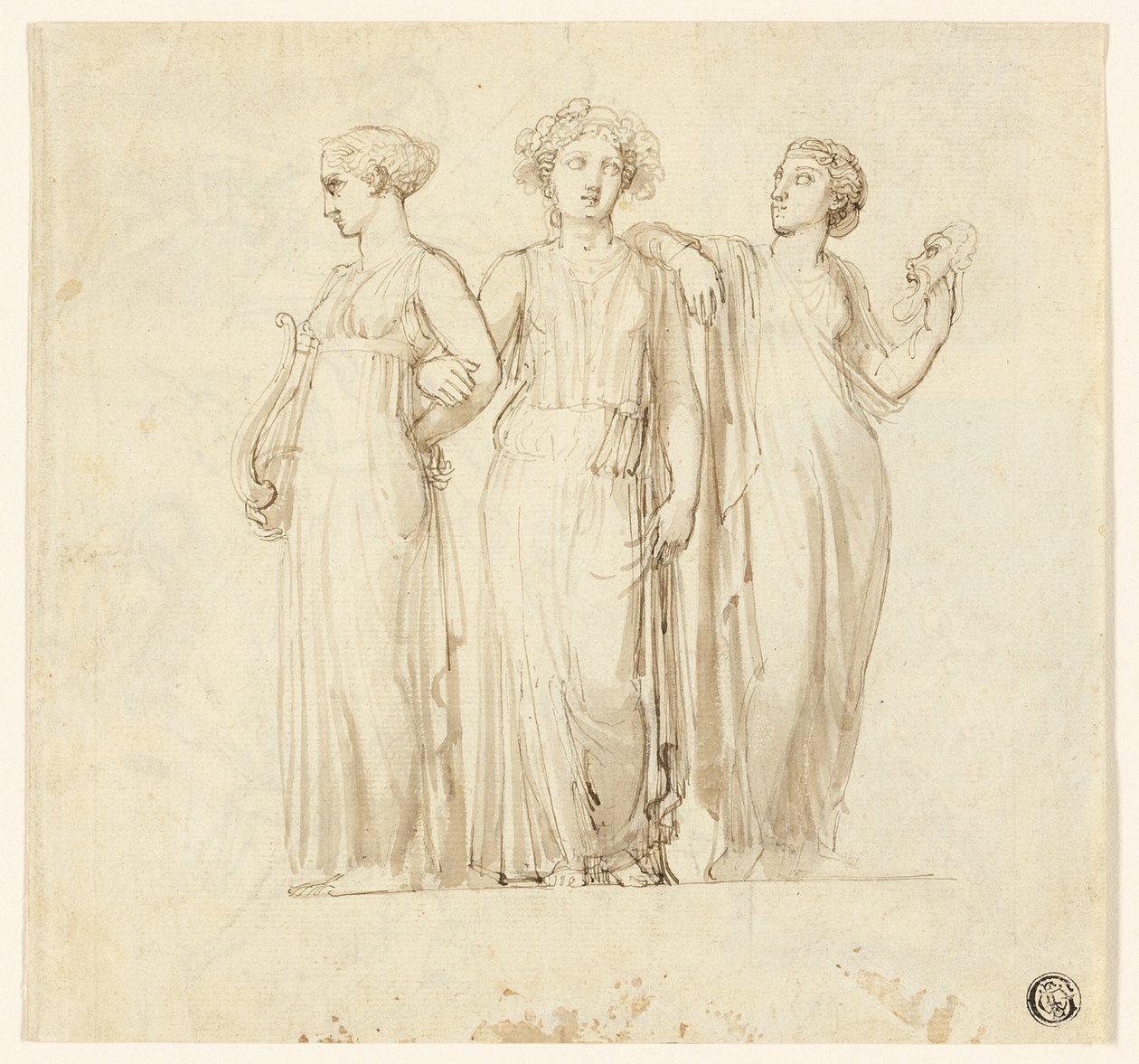 Tre muser (rekto); Studie af ridder og munk til en illustration i en gotisk roman (verso) af Thomas Stothard