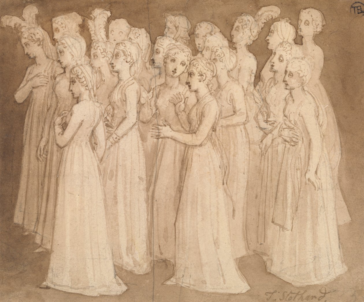 Tyve unge piger i en gruppe, der går til venstre af Thomas Stothard