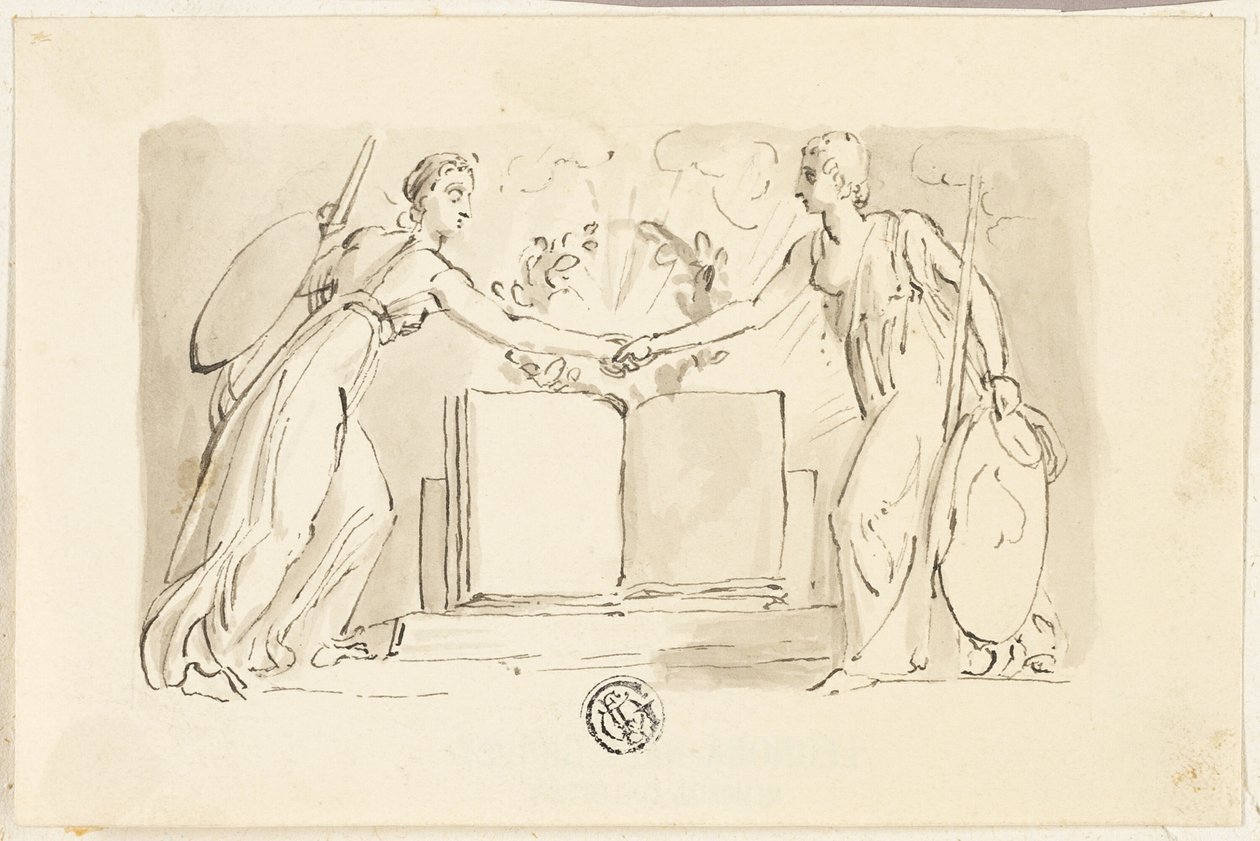 To allegoriske kvindefigurer, der slår hænderne foran bogen af Thomas Stothard
