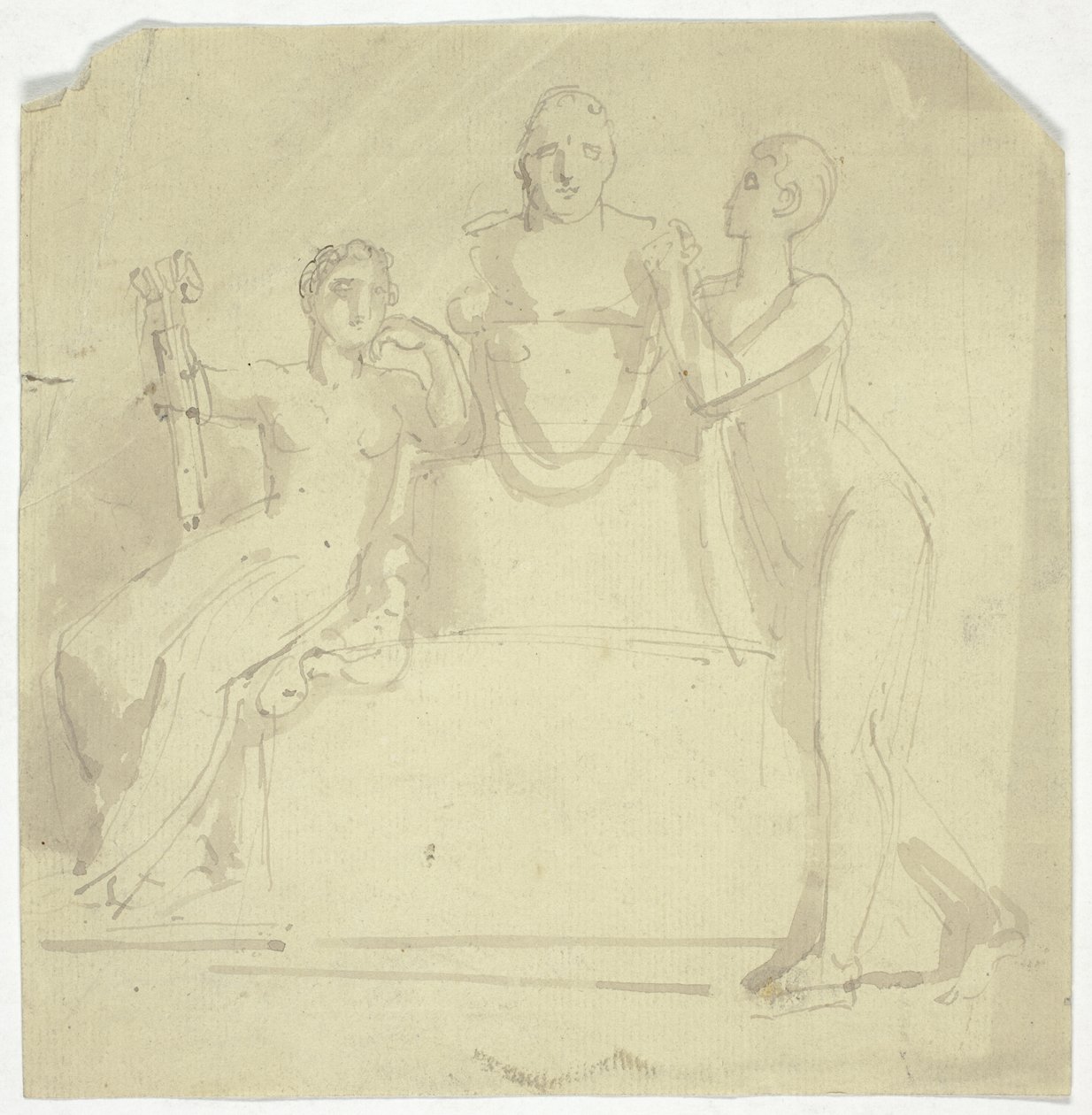 To kvindefigurer med buste af Thomas Stothard