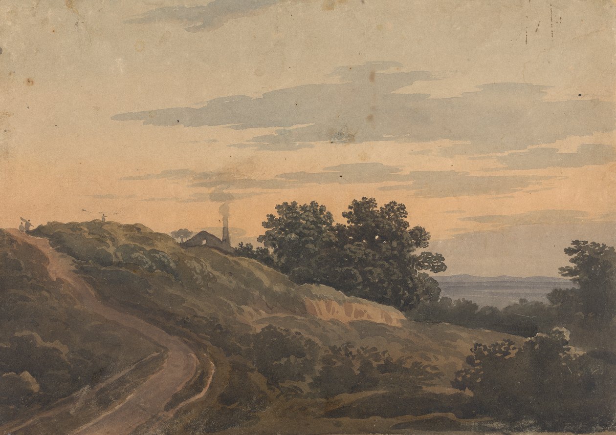 Bakket landskab med hus, sti og figurer af Thomas Sully