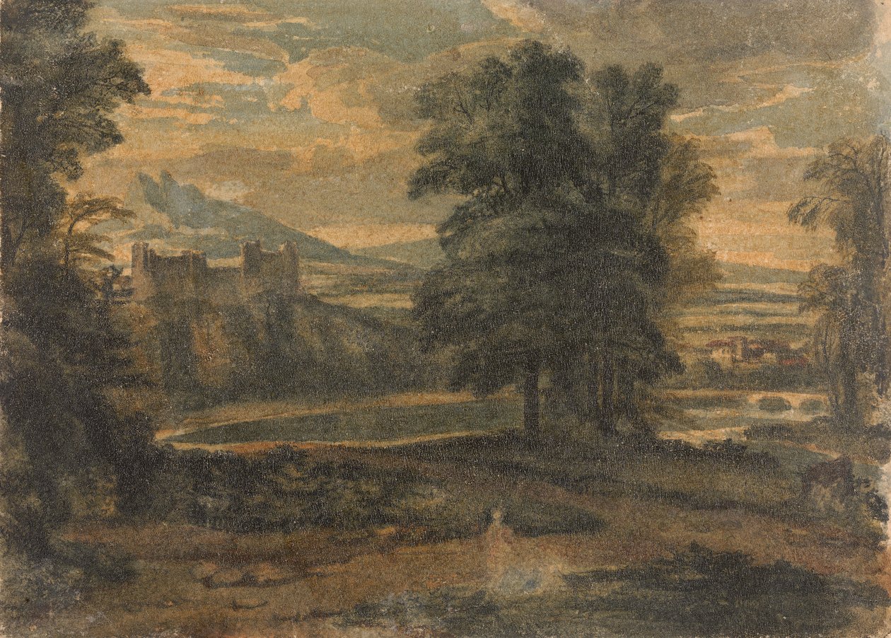 Landskab med bjerge, slot, træer og sø af Thomas Sully