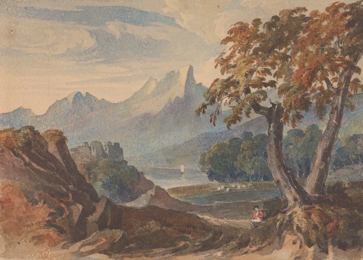 Landskab med bjerge, søslot, siddende figur i forgrunden af Thomas Sully