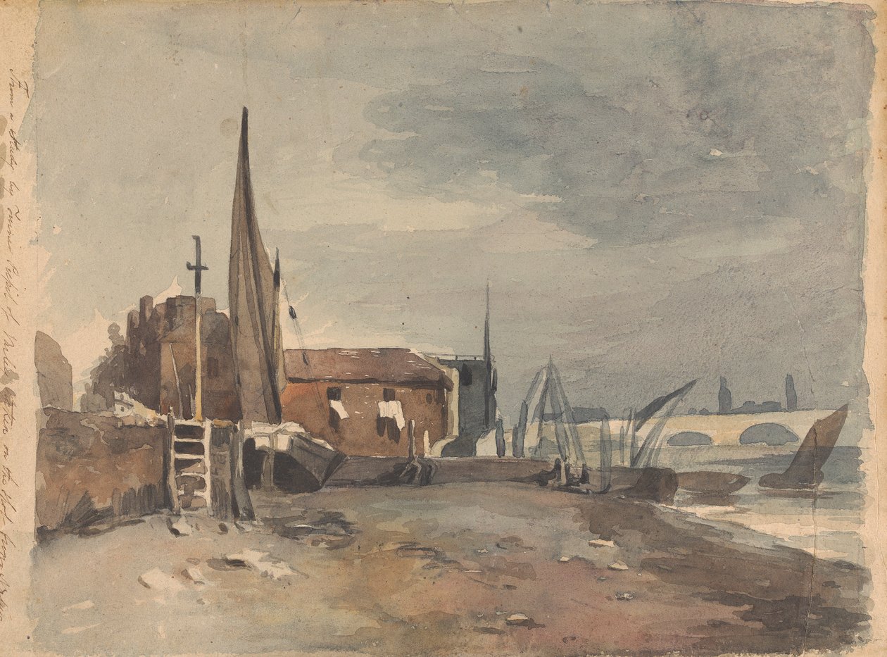 Kystscene med bygninger og både af Thomas Sully