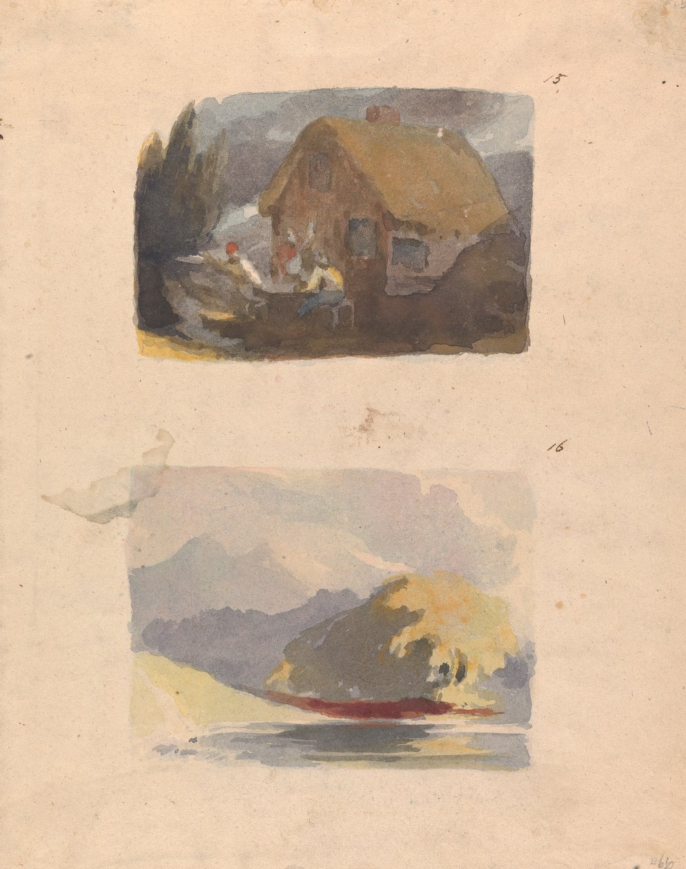 To Tegninger paa ét Ark: Sommerhus med Figurer foran (nr. 15); Landskab med flod og bjerge - solskin (nr. 16) af Thomas Sully