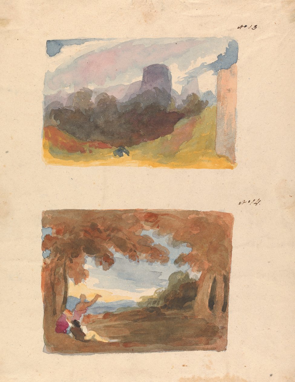 To tegninger på ét ark: Landskab med slot - moderne måde (nr. 13); Landskab med figurer i forgrunden (nr. 14) af Thomas Sully