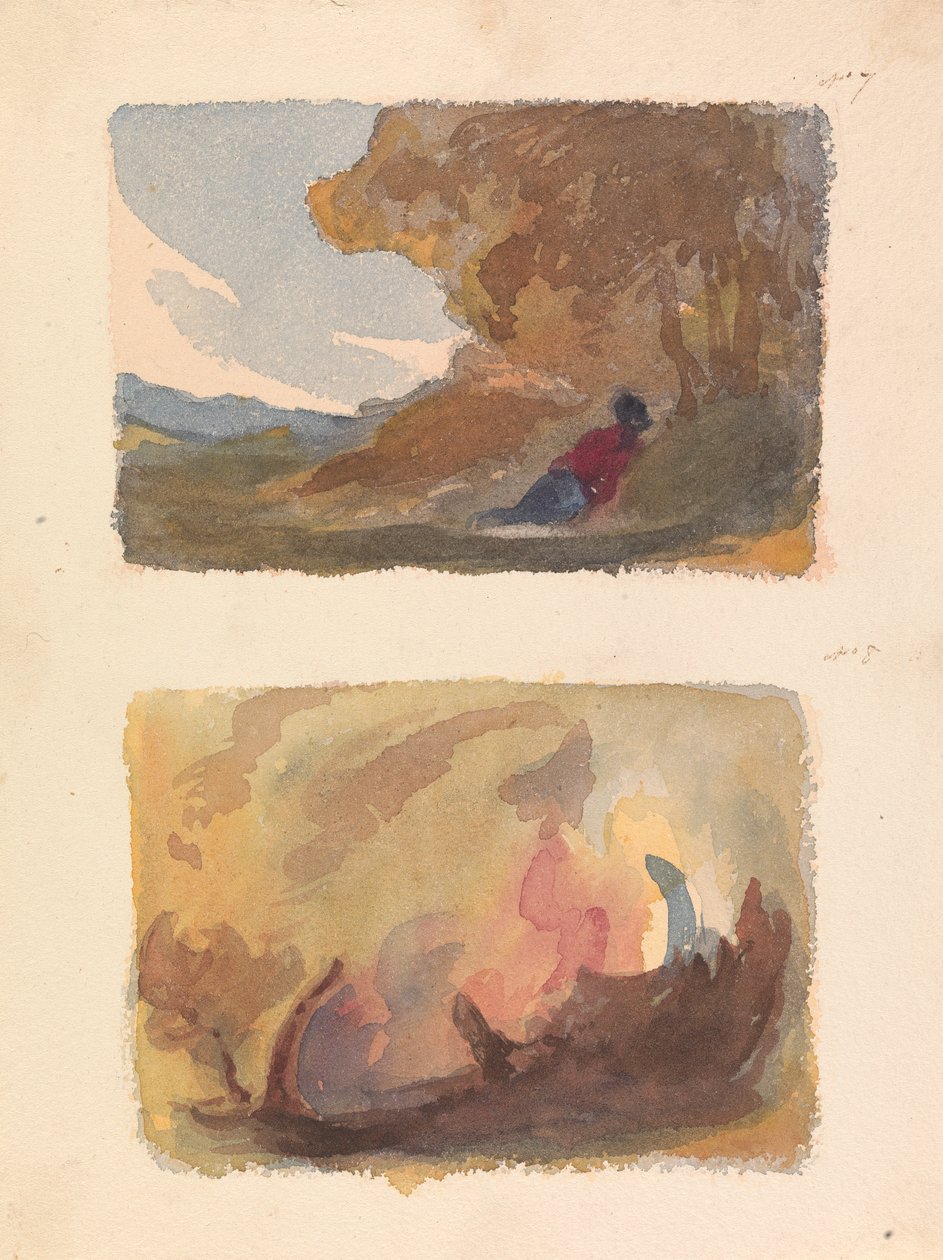 To tegninger på ét ark: Landskab med figur lænet mod bakke - Tizian og venetiansk skole (nr. 7); Landskab - Forskellige vandfarvevaske (nr. 8) af Thomas Sully