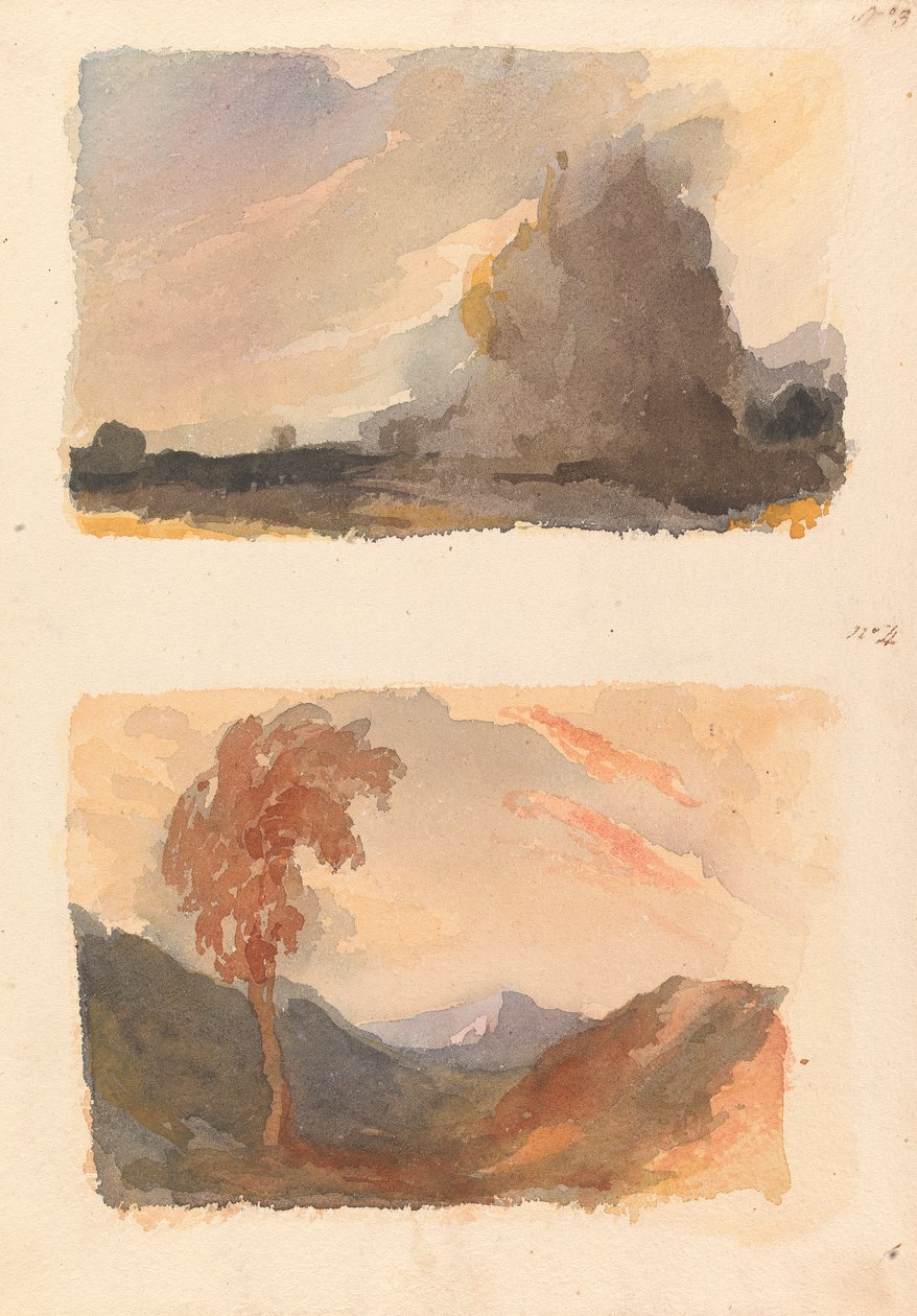 To tegninger på ét ark: Landskab med stor klint i forgrunden - Cuyps princip (nr. 3); Landskab med træ i forgrunden, bjerge i afstand - begges princip (nr. 4) af Thomas Sully