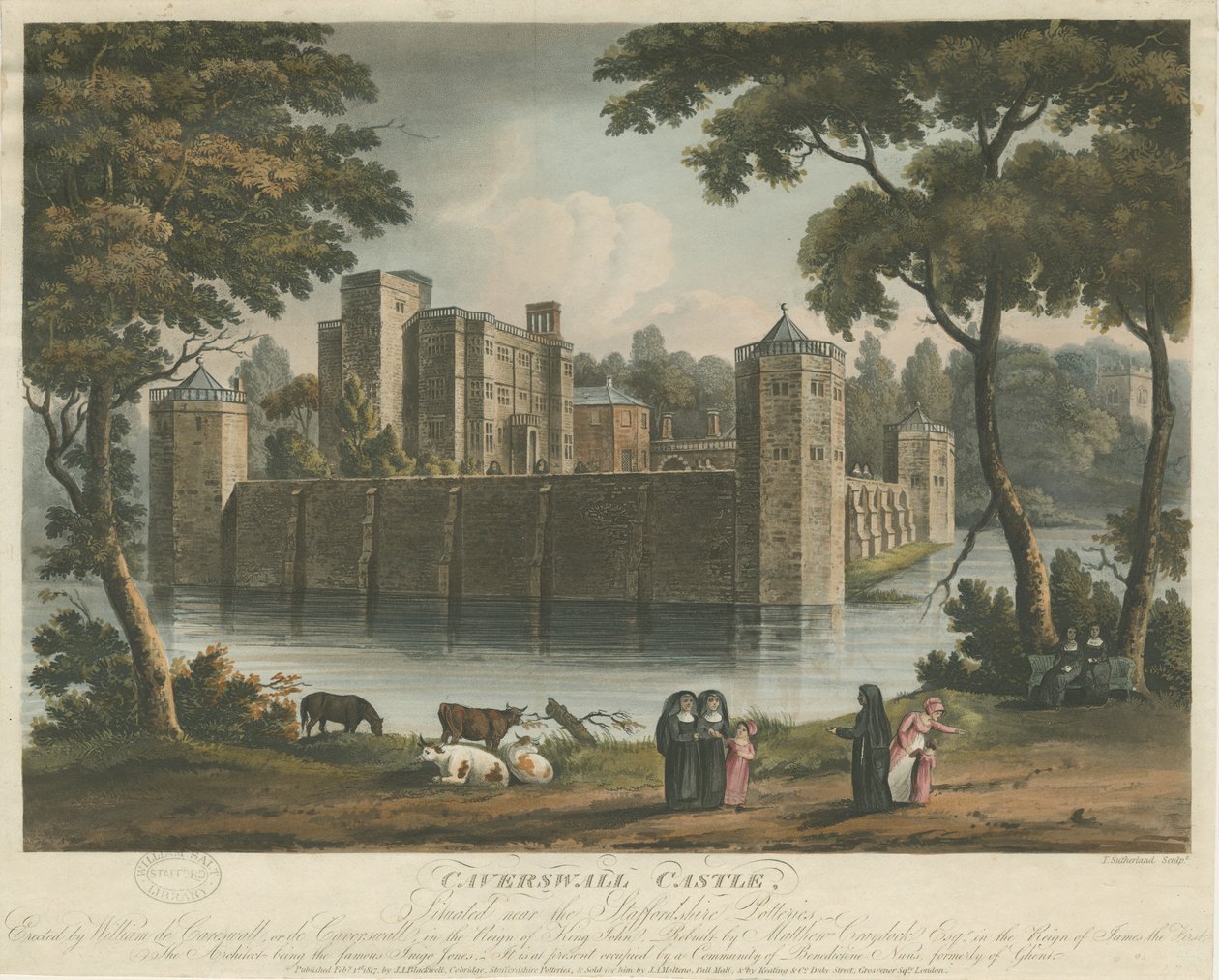 Caverswall Castle: farvet akvatintegravering, 1. februar 1817 af Thomas Sutherland