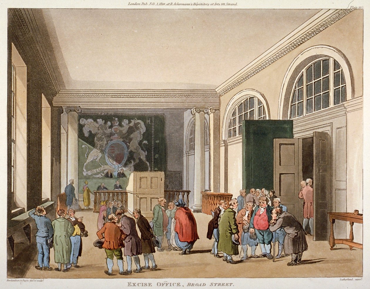 Interiør af punktafgiftskontoret, Old Broad Street, City of London, 1810 af Thomas Sutherland