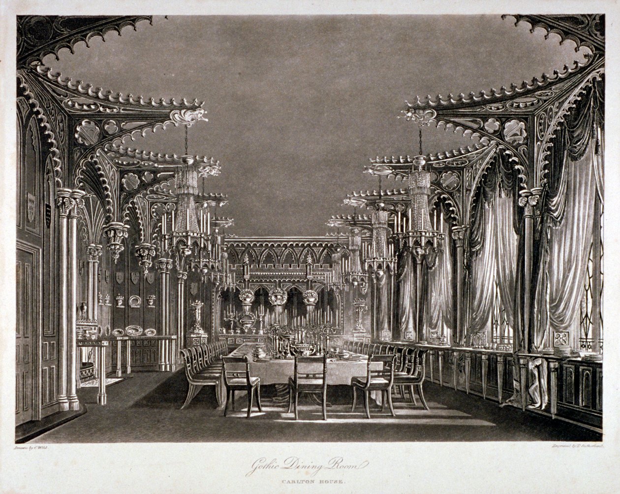 Indvendig udsigt af den gotiske spisestue i Carlton House, Westminster, London, 1819 af Thomas Sutherland