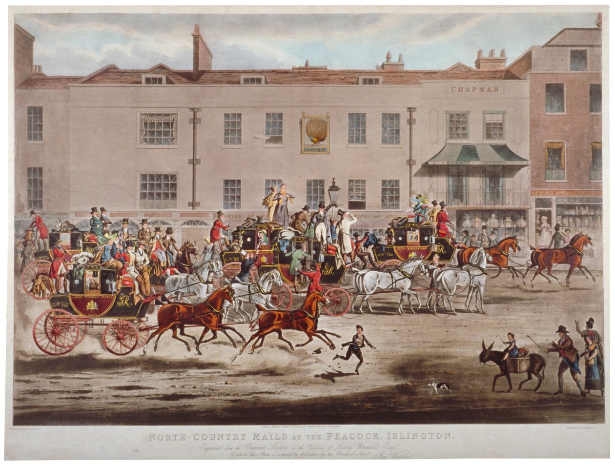 Postvogne foran Peacock Inn på Islington High Street, London, 1823. af Thomas Sutherland