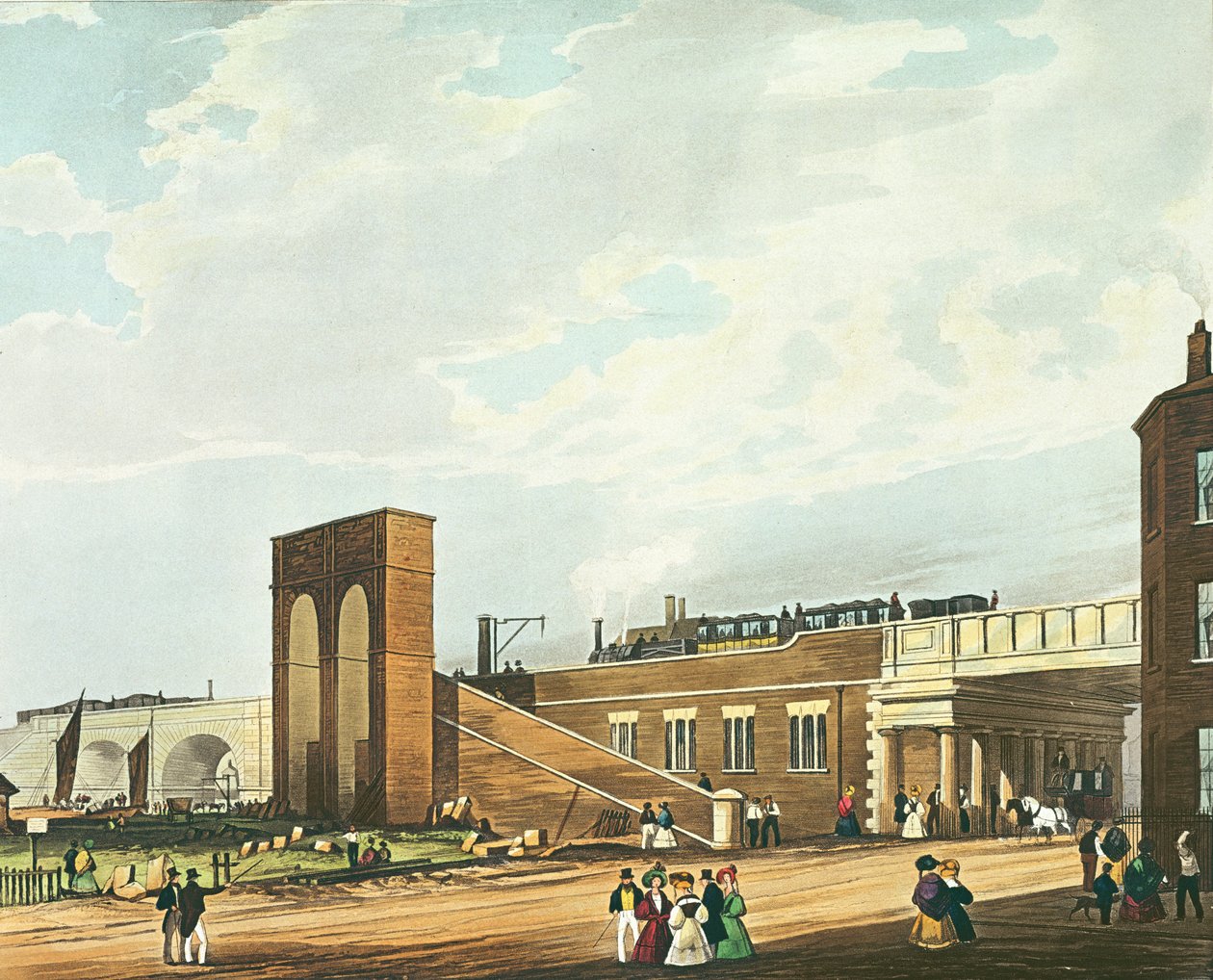 Indgang til Manchester Across Water Street, indgraveret af Henry Pyall (1795-1833) udgivet af Ackermann und Co., 1831 (farvet akvatint) af Thomas Talbot Bury