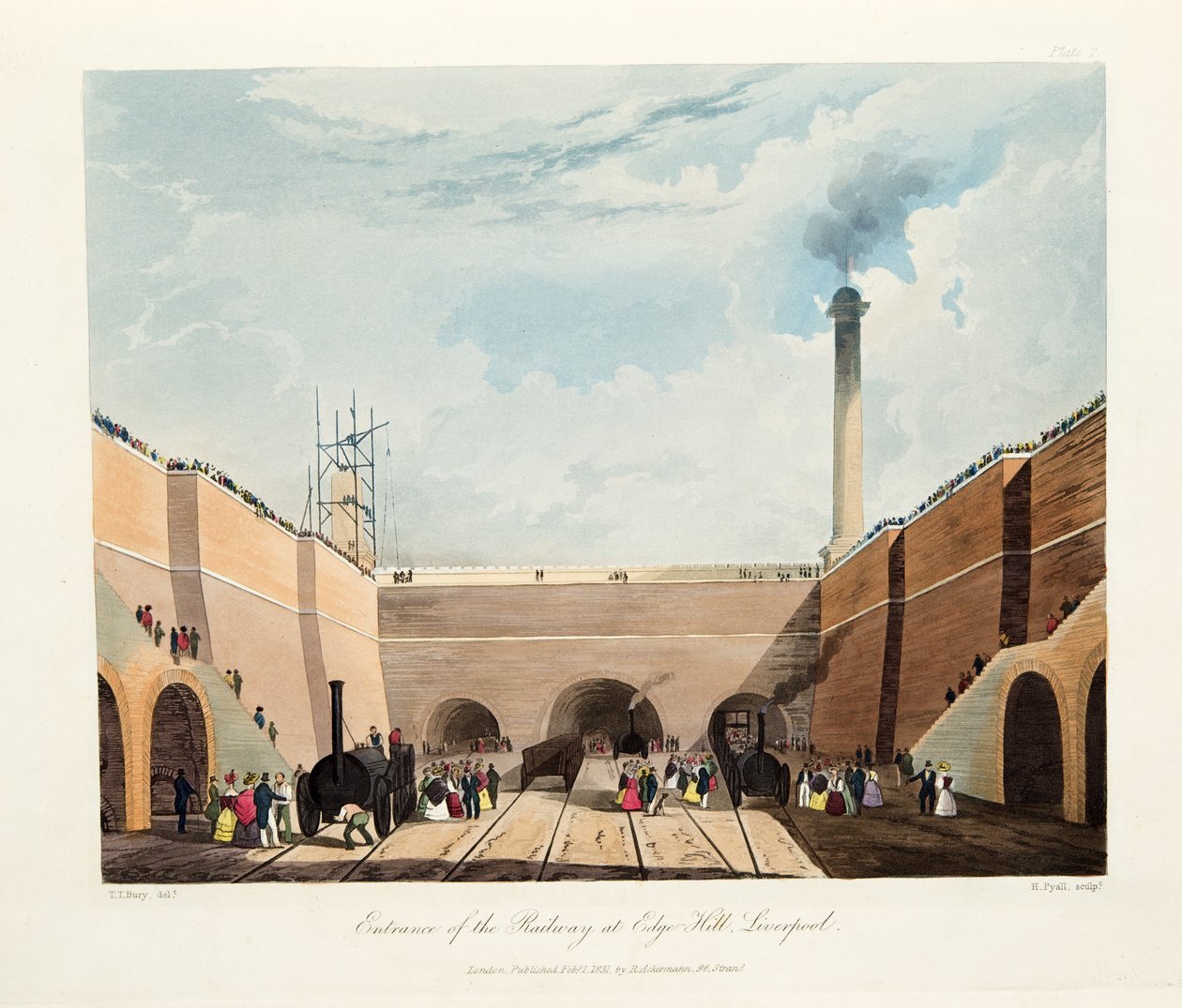 Indgangen til jernbanen ved Edge Hill, Liverpool, 1831 (håndfarvet gravering) af Thomas Talbot Bury