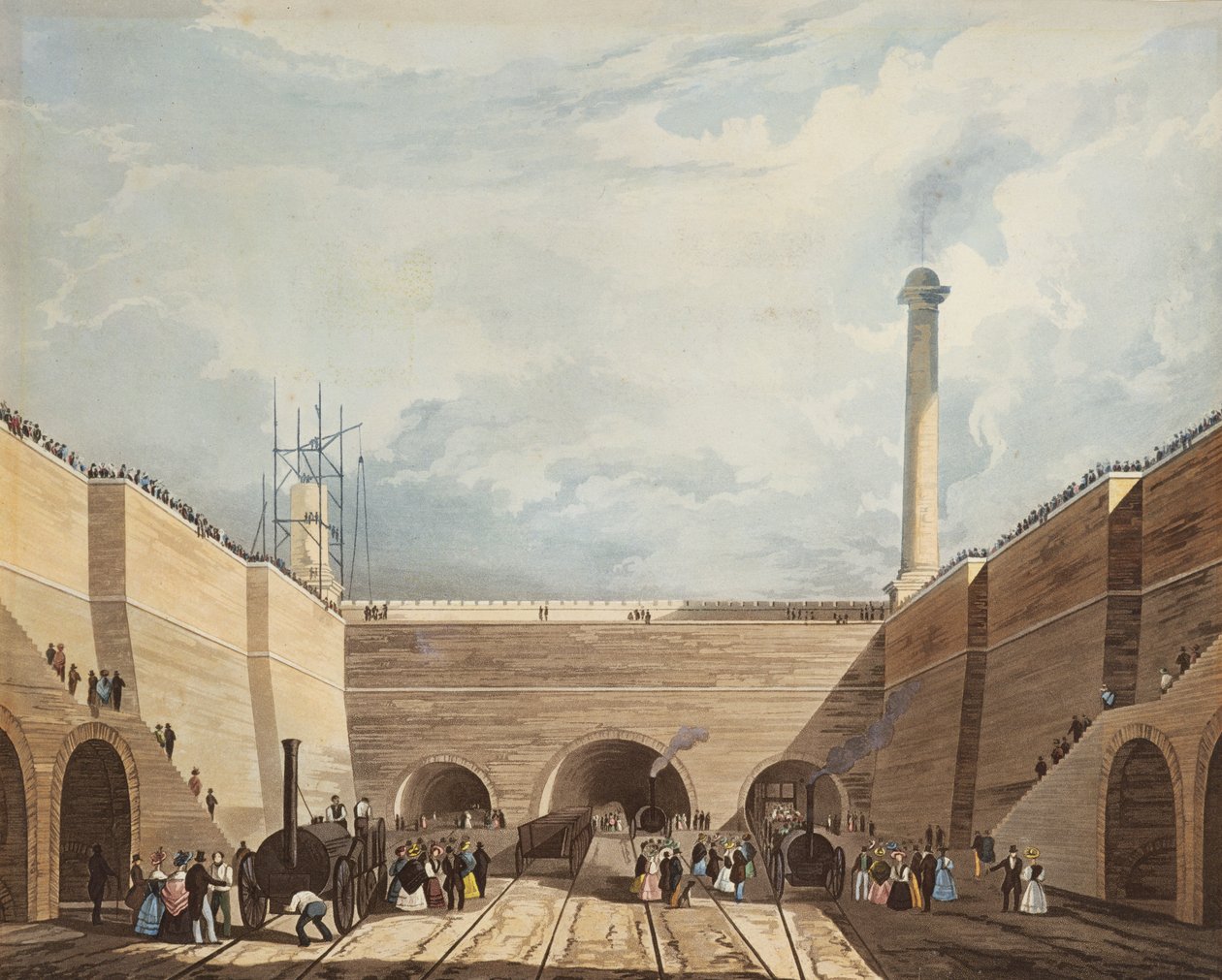 Indgangen til jernbanen ved Edge Hill, Liverpool, indgraveret af H. Pyall, 1831 (håndfarvet radering og akvatinte) af Thomas Talbot Bury