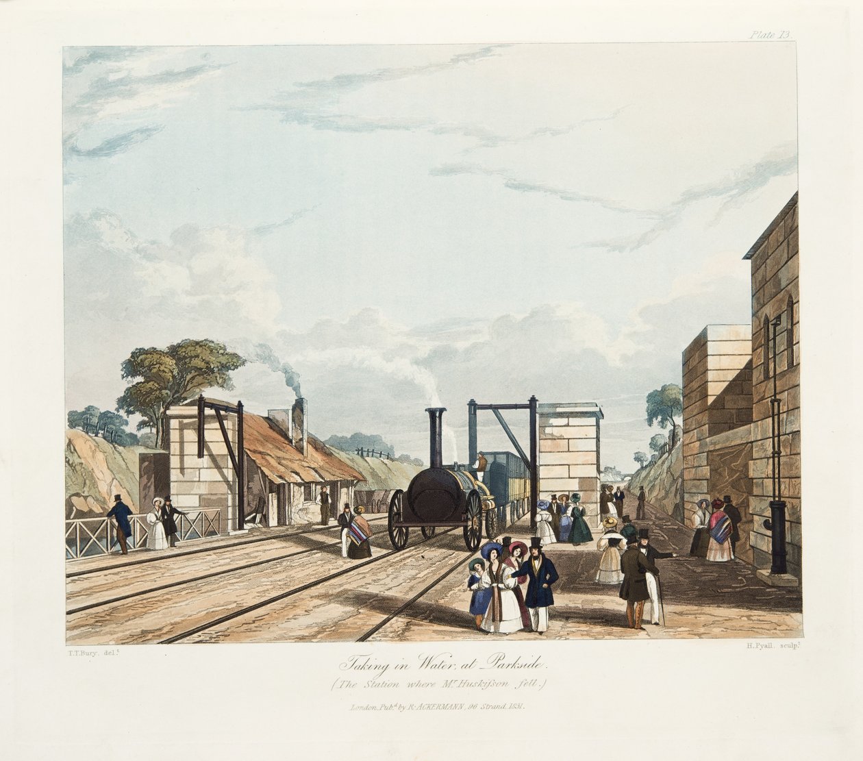 Taking in Water, at Parkside (The Station where Mr Huskisson faldt), udgivet 1831 (håndfarvet gravering) af Thomas Talbot Bury