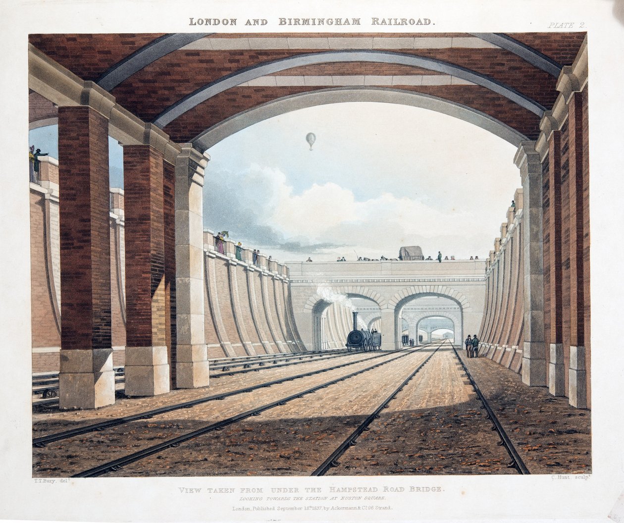 Udsigt fra under Hampstead Road Bridge, med udsigt mod stationen ved Euston Square, 1837 (håndkoloreret gravering) af Thomas Talbot Bury