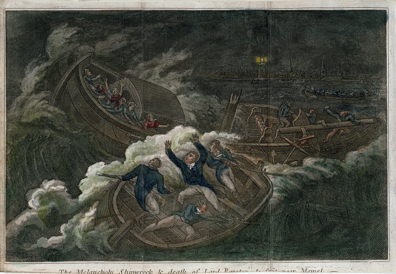 The Melancholy shipwreck and the death of Lord Royston. Litografi (17,5 x 25,8 cm), London (England)-udgave, af Thomas Tegg (1808). Engelsk kunst af Thomas Tegg